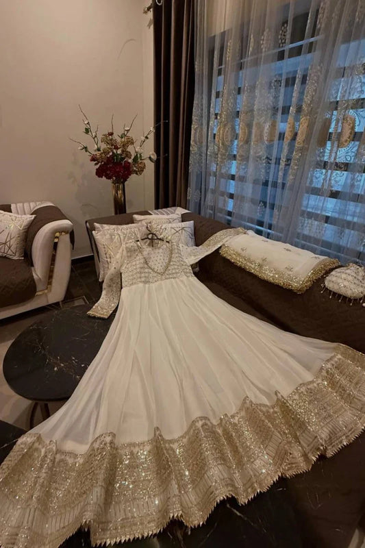 Cream Embroidered Georgette Anarkali Suit with Dupatta