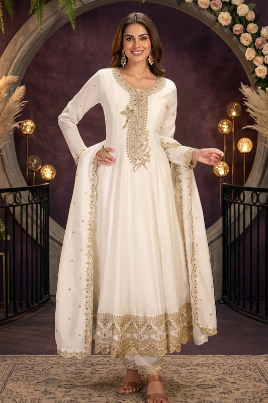 Cream Silk Embroidered Premium Anarkali Suit