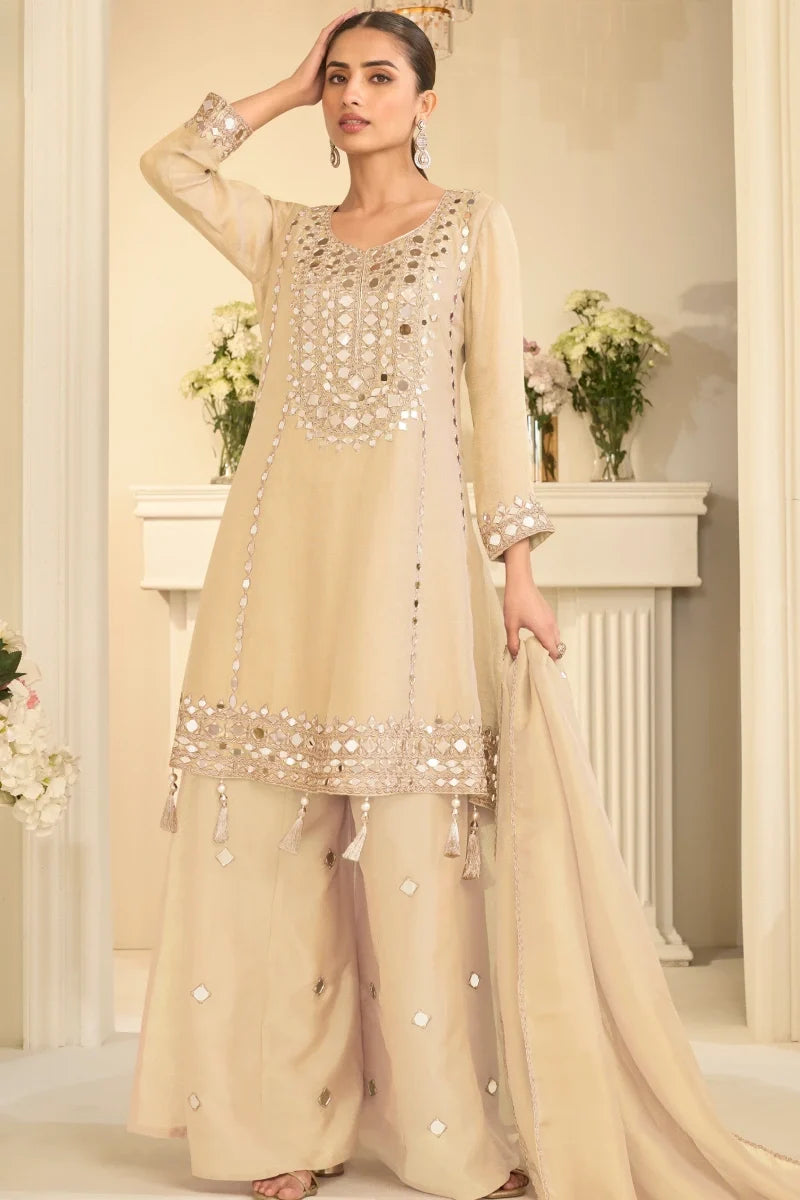 Cream Shimar Silk Mirror Palazzo Suit