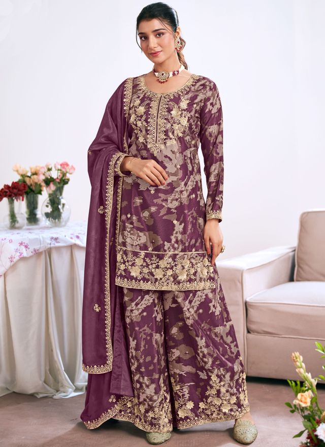 Light-Purple Embroidery Chinon Silk Salwar Suit
