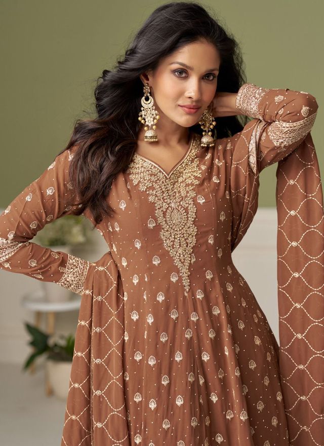 Brown embroidery Real Georgette Salwar Suit