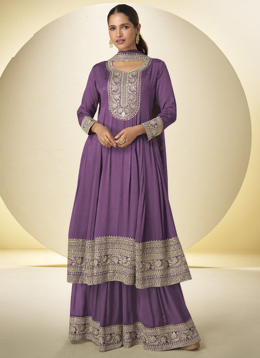 Lavender Chinon Silk Embroidered Designer Palazzo Suit