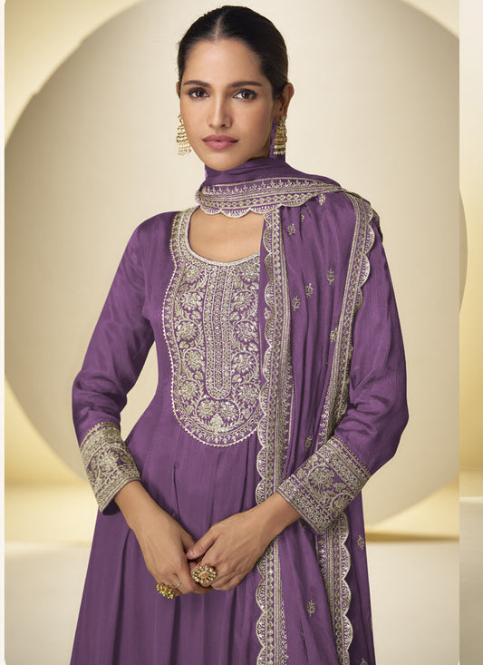 Lavender Chinon Silk Embroidered Designer Palazzo Suit