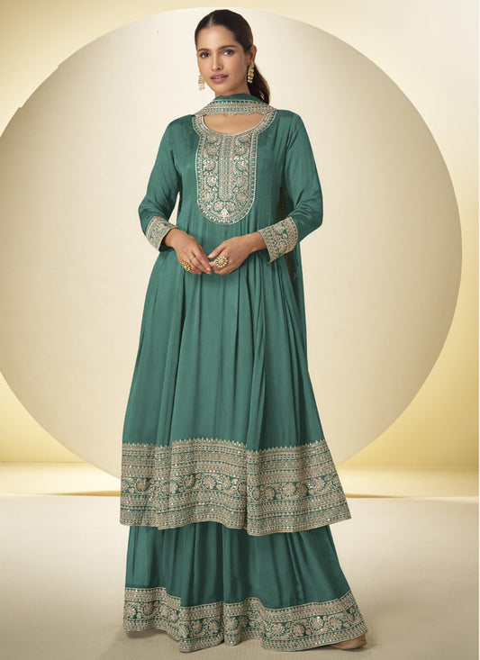 Rama Green Chinon Silk Embroidered Designer Palazzo Suit