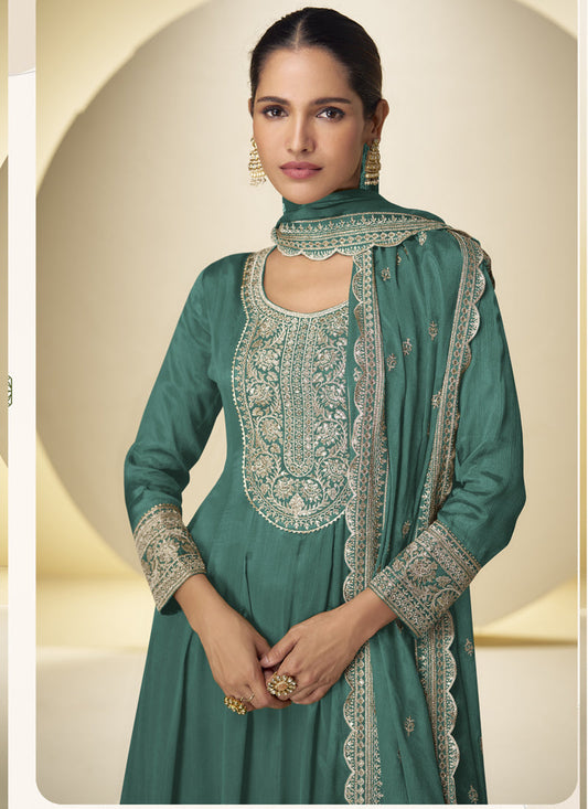 Rama Green Chinon Silk Embroidered Designer Palazzo Suit