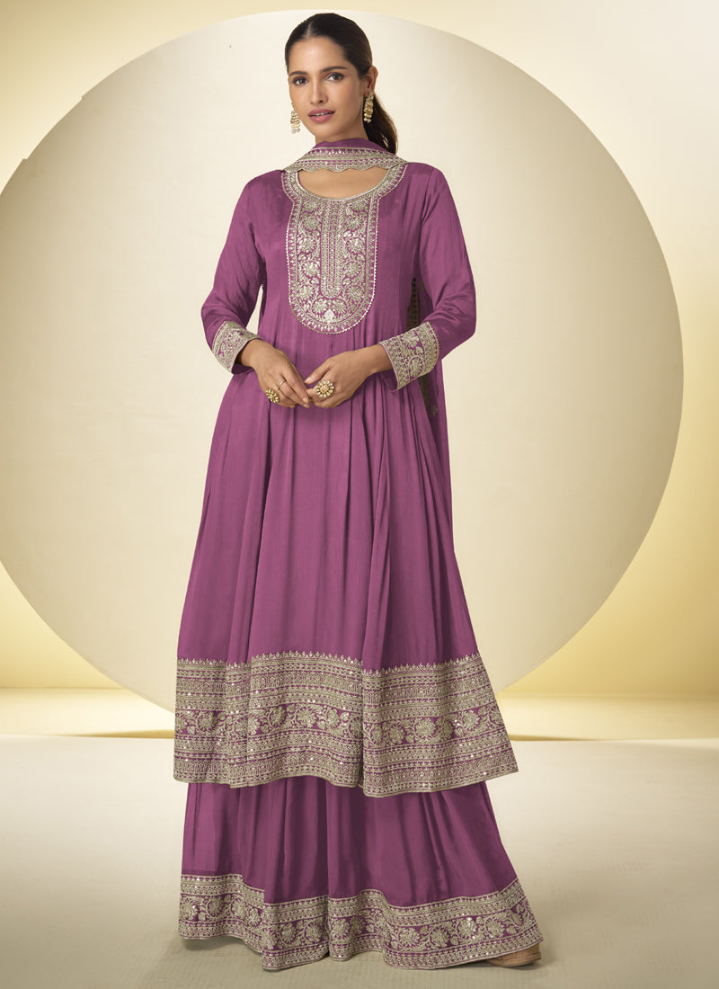 Onion Pink Chinon Silk Embroidered Designer Palazzo Suit