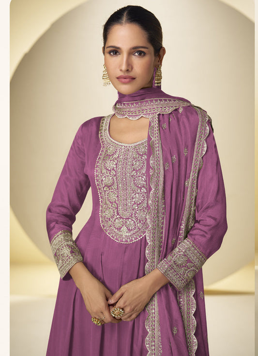 Onion Pink Chinon Silk Embroidered Designer Palazzo Suit