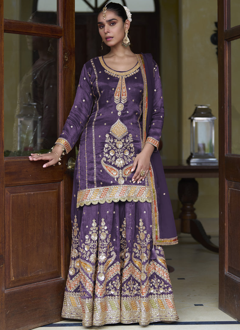 Violet Shimmer Silk Embroidered & Handwork Designer  Palazzo Suit