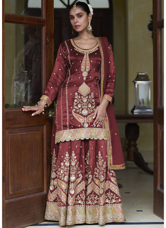 Maroon Shimmer Silk Embroidered & Handwork Designer  Palazzo Suit