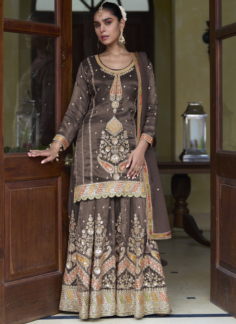 Brown Shimmer Silk Embroidered & Handwork Designer  Palazzo Suit