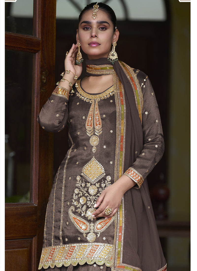 Brown Shimmer Silk Embroidered & Handwork Designer  Palazzo Suit