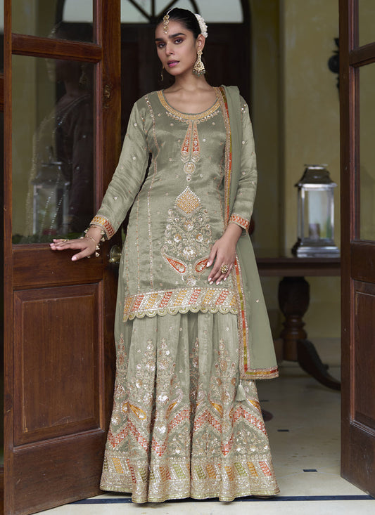 Light Mehendi Shimmer Silk Embroidered Designer Palazzo Suit