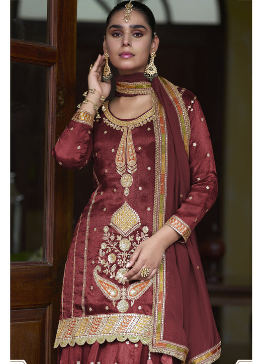 Maroon Shimmer Silk Embroidered & Handwork Designer  Palazzo Suit