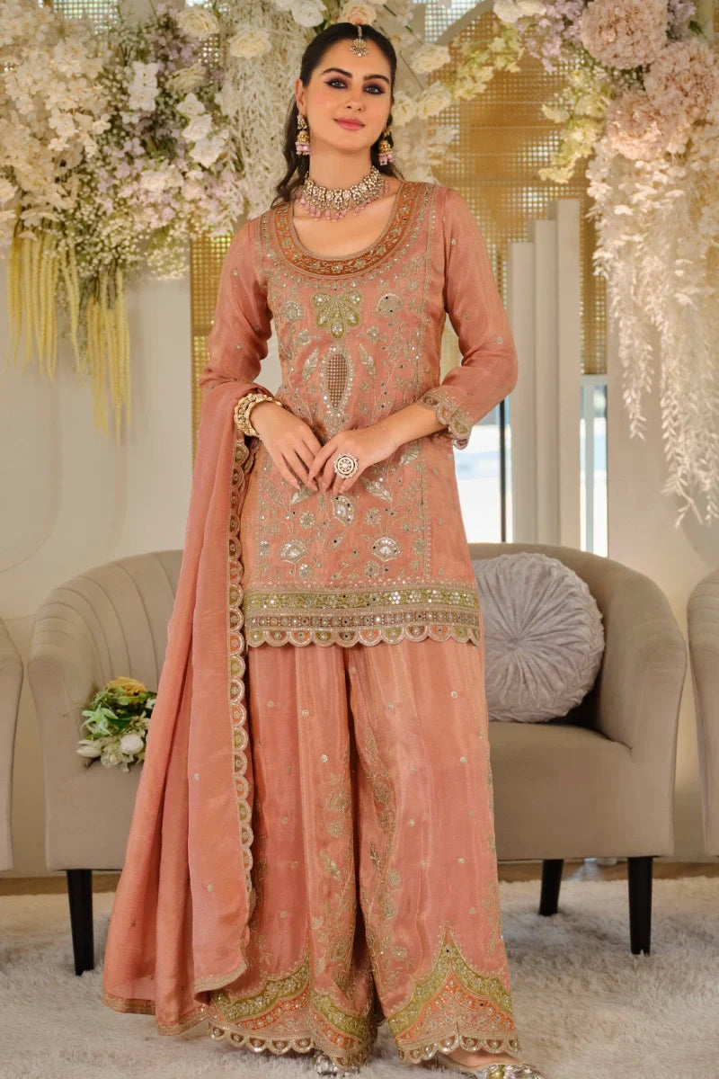 Peach Dola Silk Embroidered Palazzo Suit