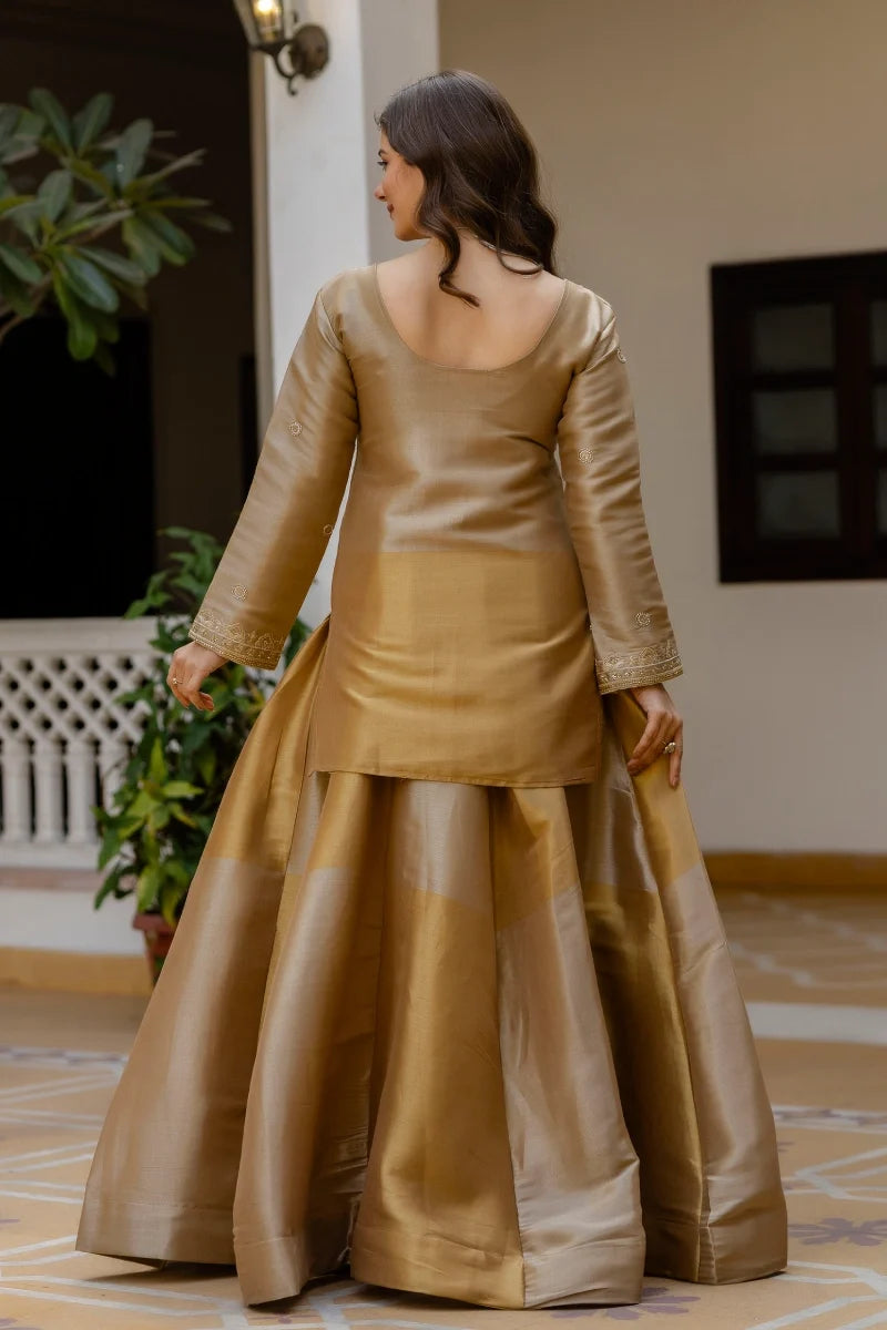 Gold Banarasi Silk Embroidered Skirt Set with Dupatta