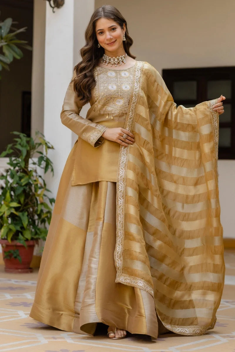 Gold Banarasi Silk Embroidered Skirt Set with Dupatta