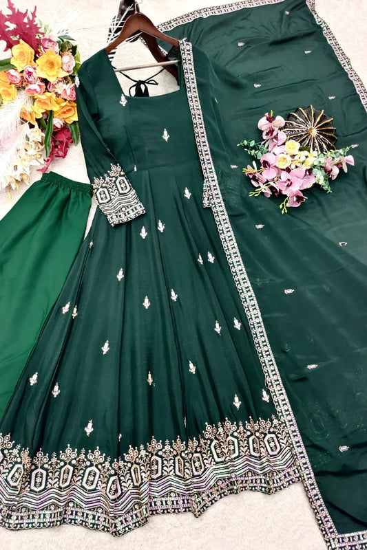 Bottle Green Chinon Embroidered Anarkali Suit with Dupatta