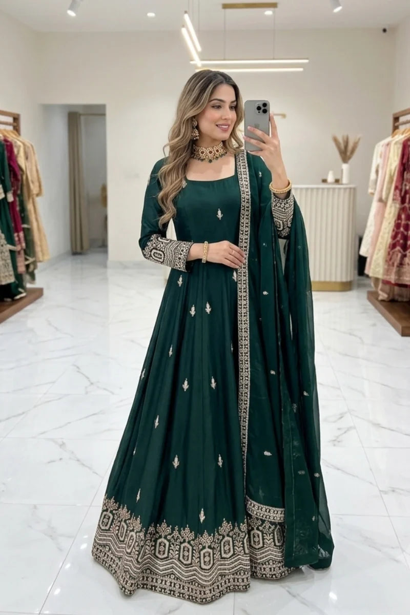 Bottle Green Chinon Embroidered Anarkali Suit with Dupatta