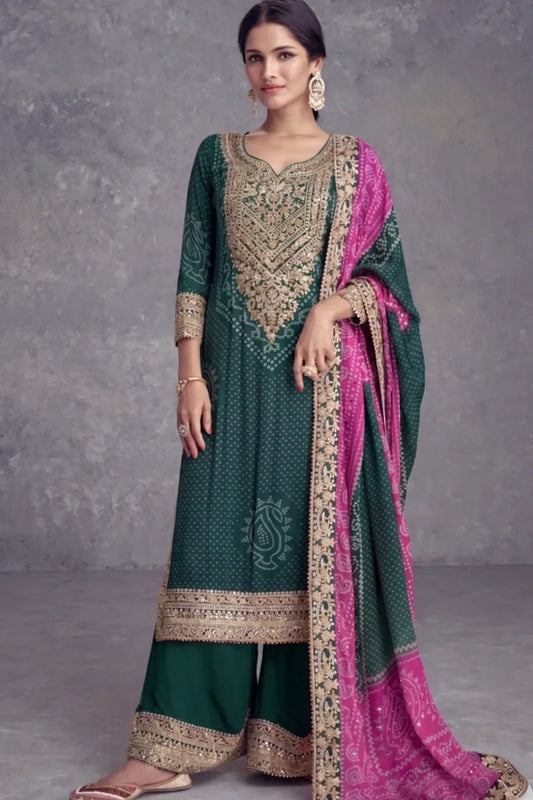 Green Bandhej Chinon Embroidered Palazzo Suit