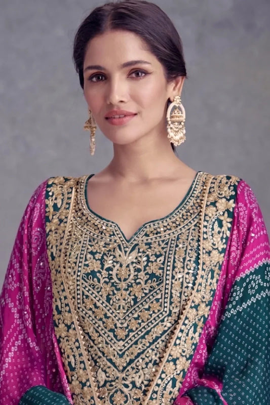 Green Bandhej Chinon Embroidered Palazzo Suit