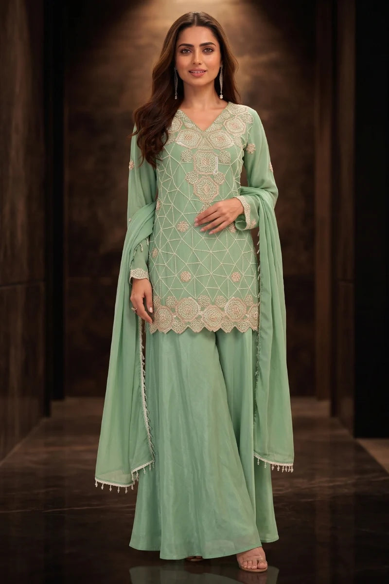 Parrot Green Chinon Embroidered & Beads Palazzo Suit
