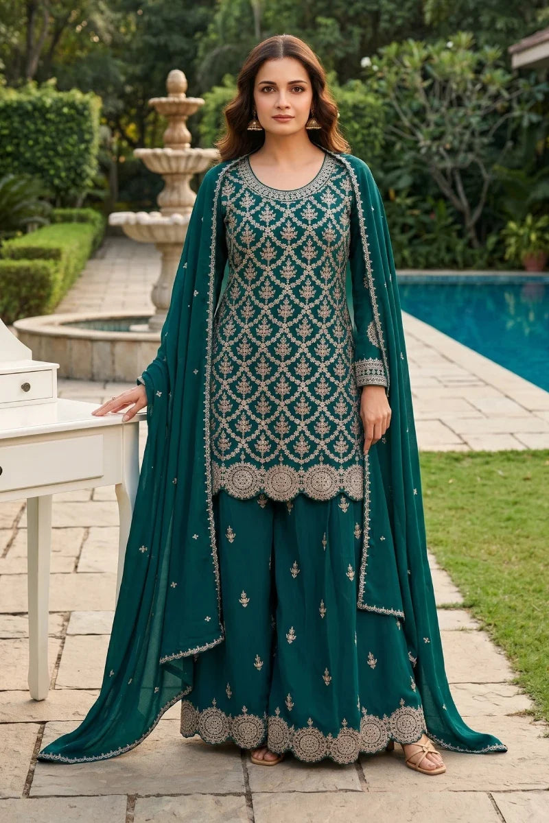Teal Premium Chinon Embroidered Palazzo Suit