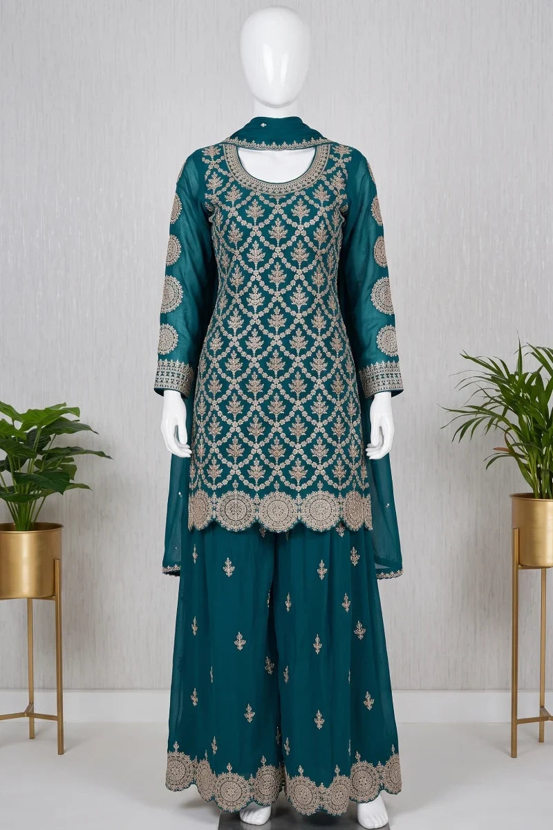 Teal Premium Chinon Embroidered Palazzo Suit