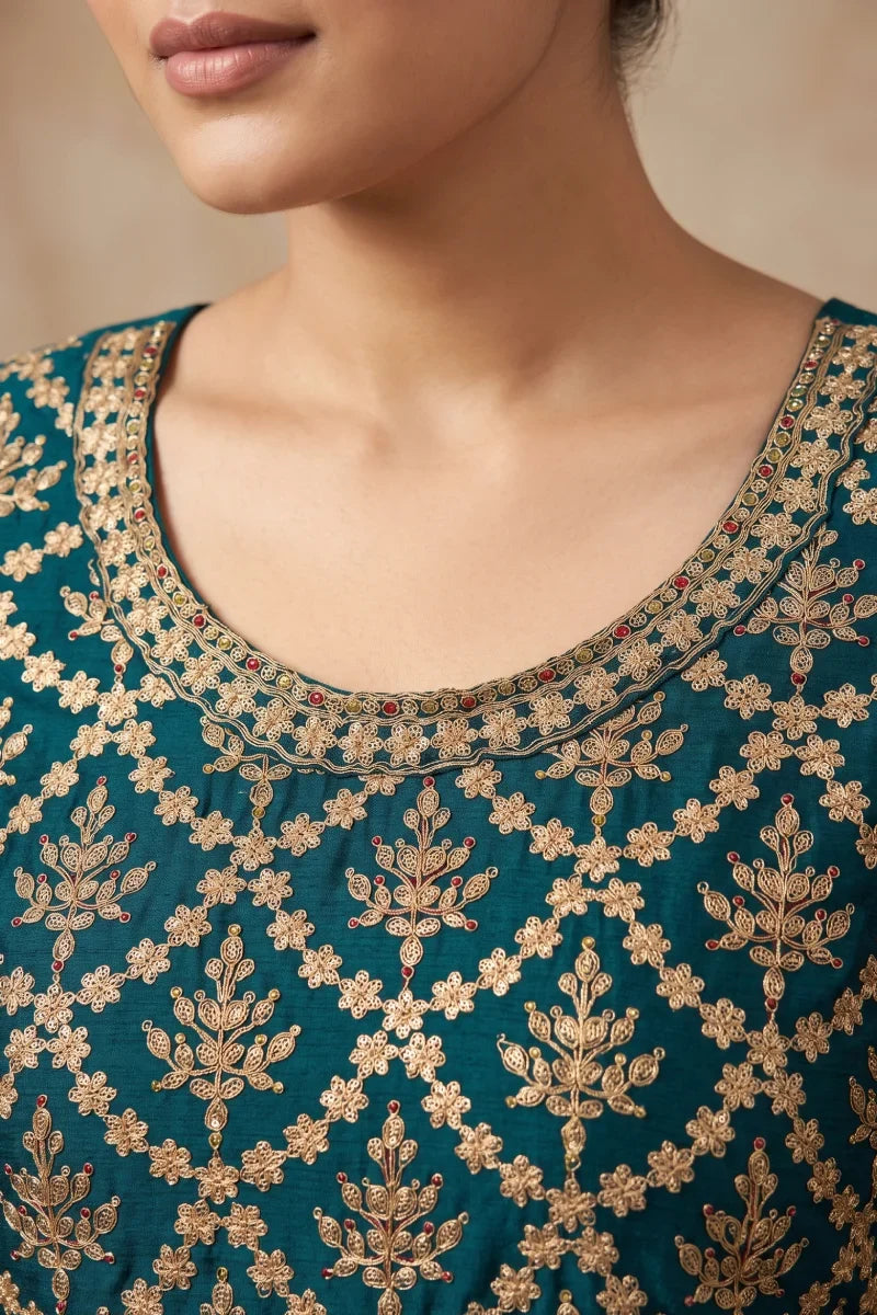 Teal Premium Chinon Embroidered Palazzo Suit