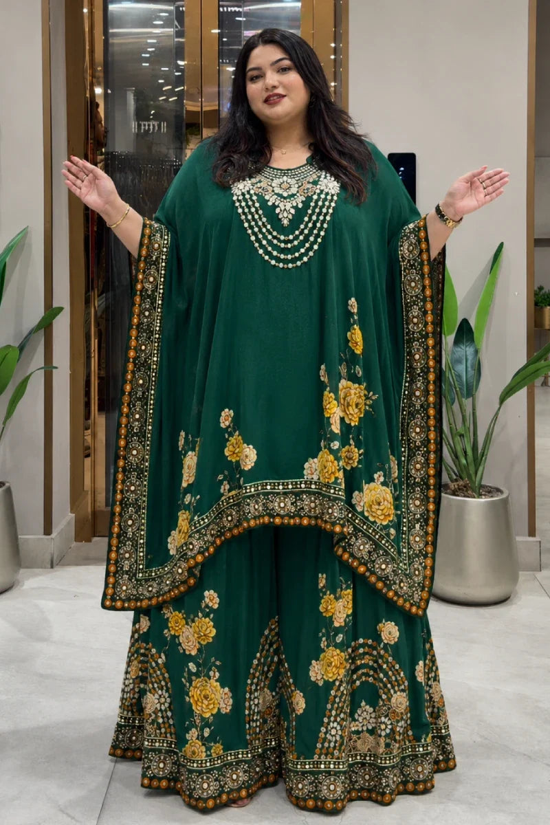 Green Crepe Printed Kaftan With Palazzo