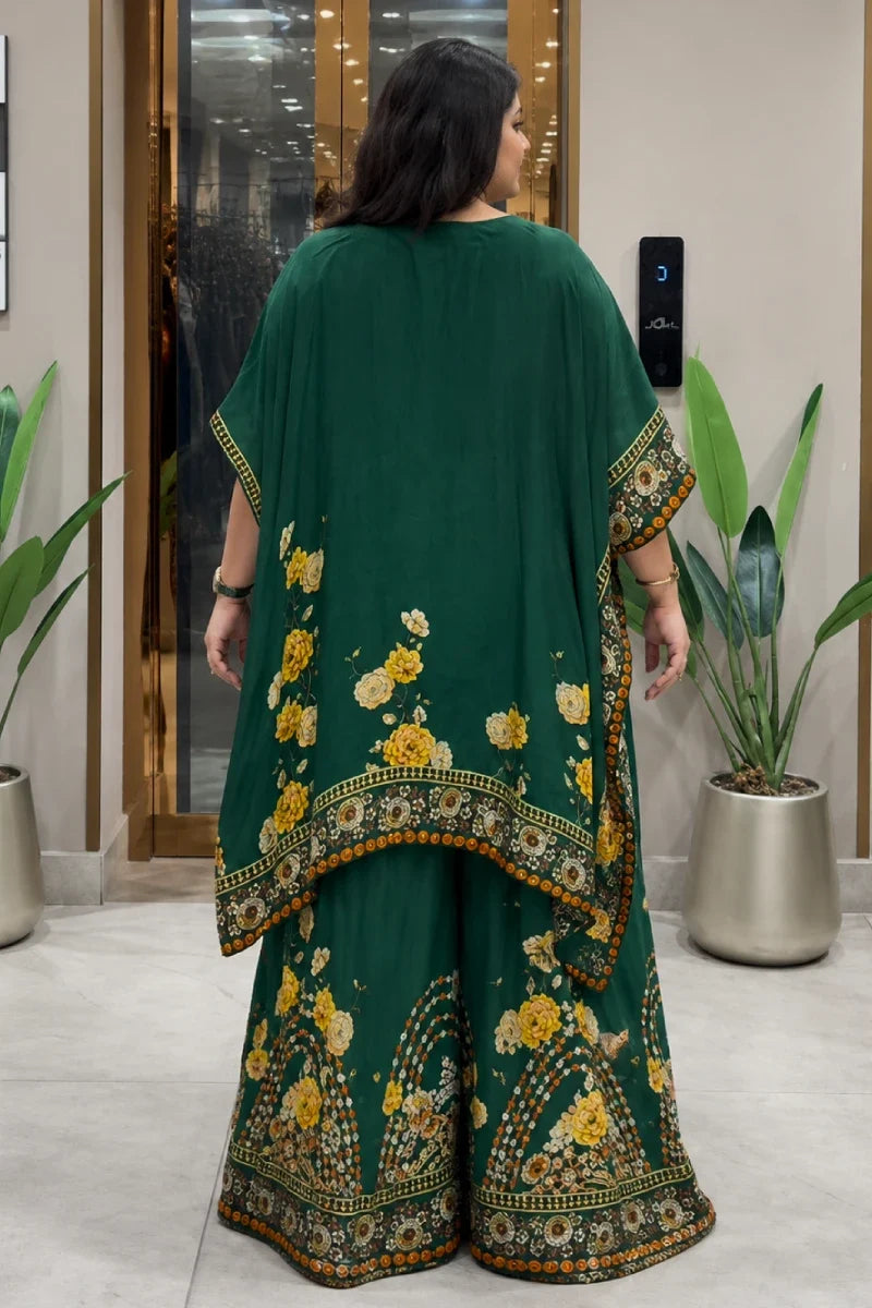 Green Crepe Printed Kaftan With Palazzo