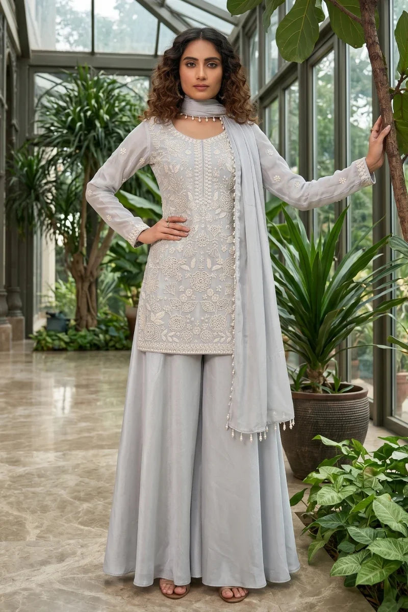 Greyish Blue Chinon Beads and Embroidered Palazzo Suit