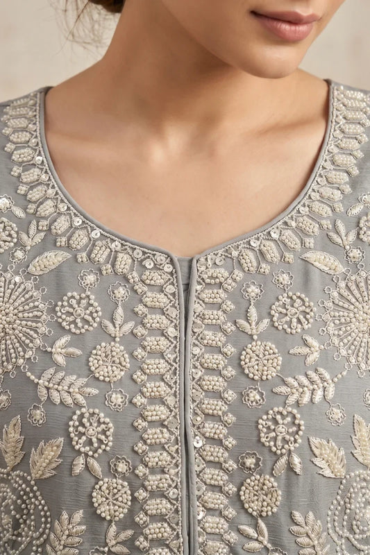 Greyish Blue Chinon Beads and Embroidered Palazzo Suit