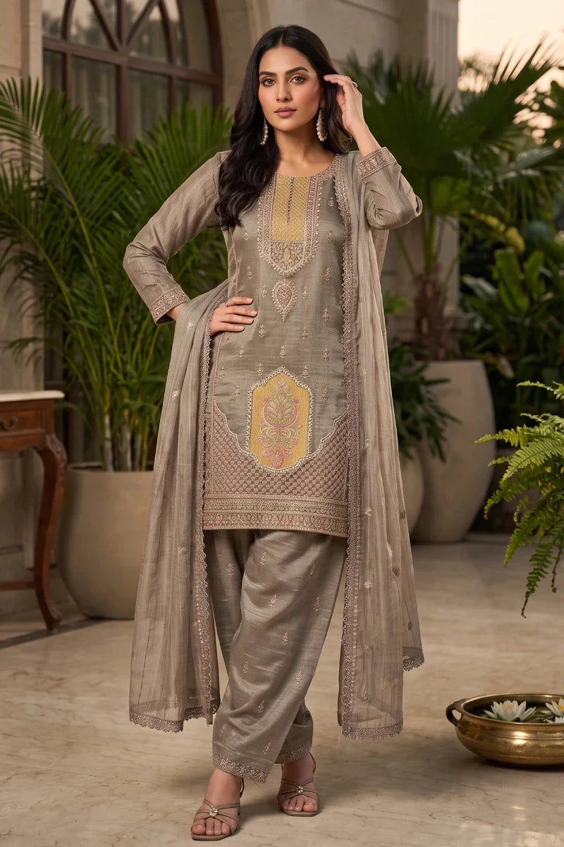 Greyish Green Salsa Silk Beads Salwar Suit