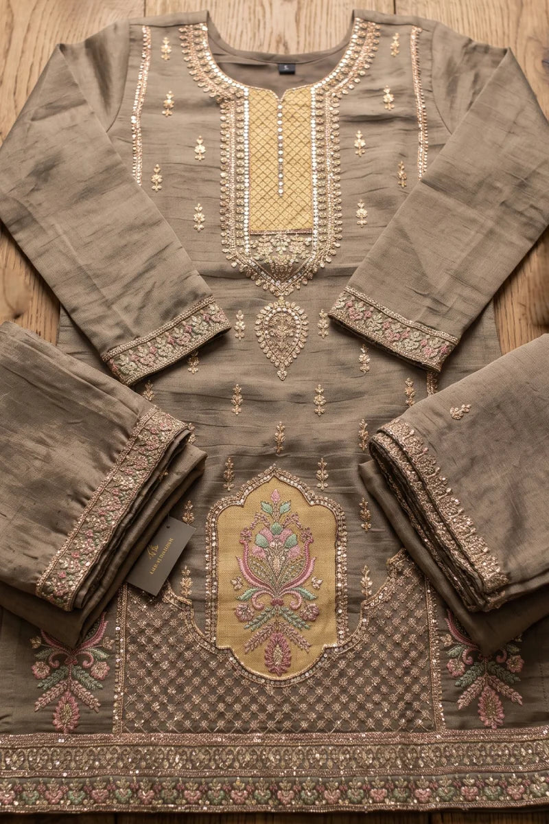 Greyish Green Salsa Silk Beads Salwar Suit