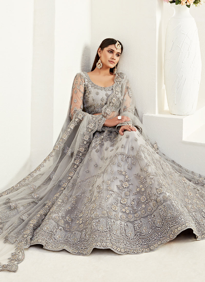 Grey Net With Silk Satin Thread Work Wedding Lehenga