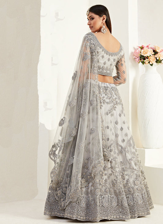 Grey Net With Silk Satin Thread Work Wedding Lehenga