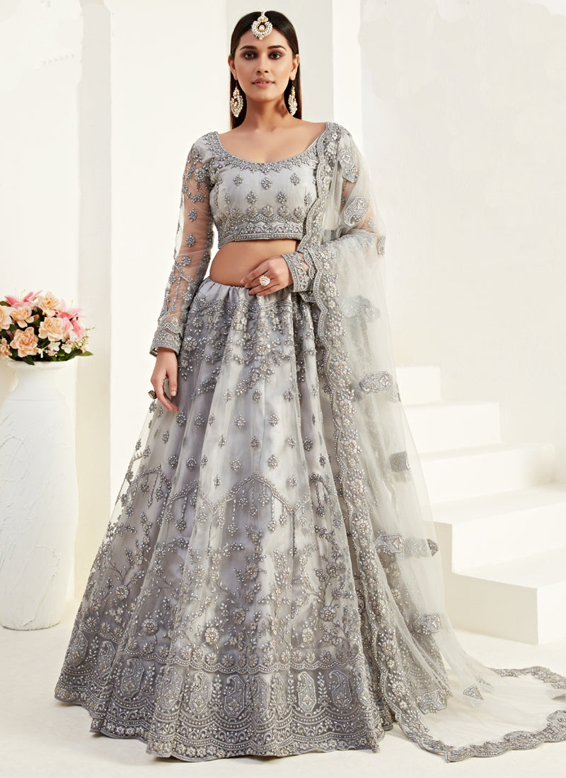 Grey Net With Silk Satin Thread Work Wedding Lehenga