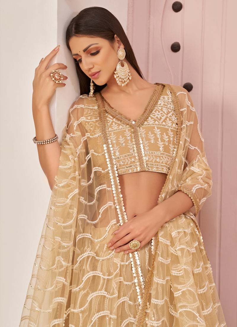 Beige Butterfly Net Embroidery Thread Designer Lehenga