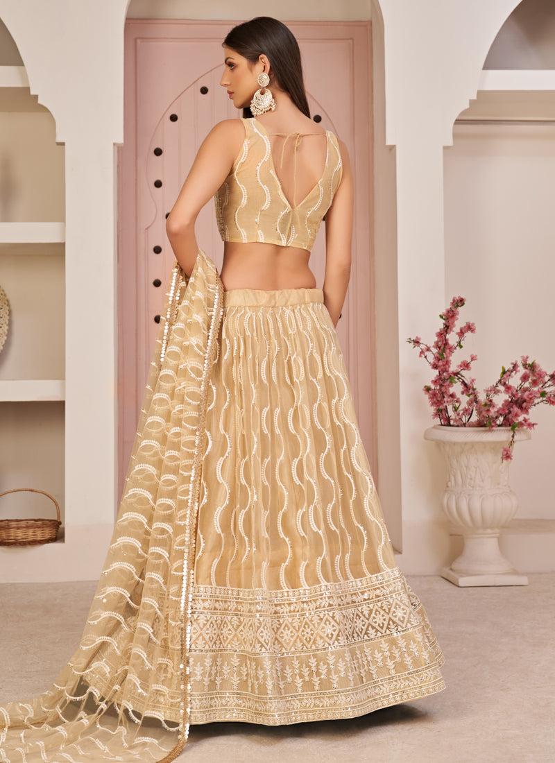 Beige Butterfly Net Embroidery Thread Designer Lehenga
