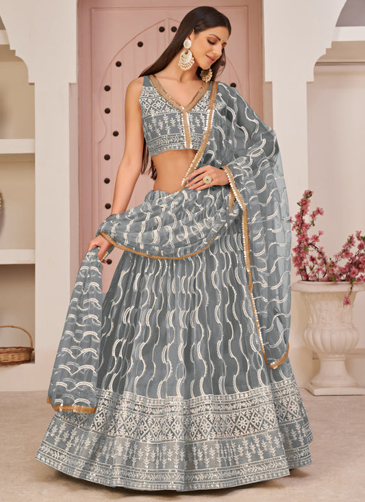 Grey Butterfly Net Embroidery Thread Designer Lehenga