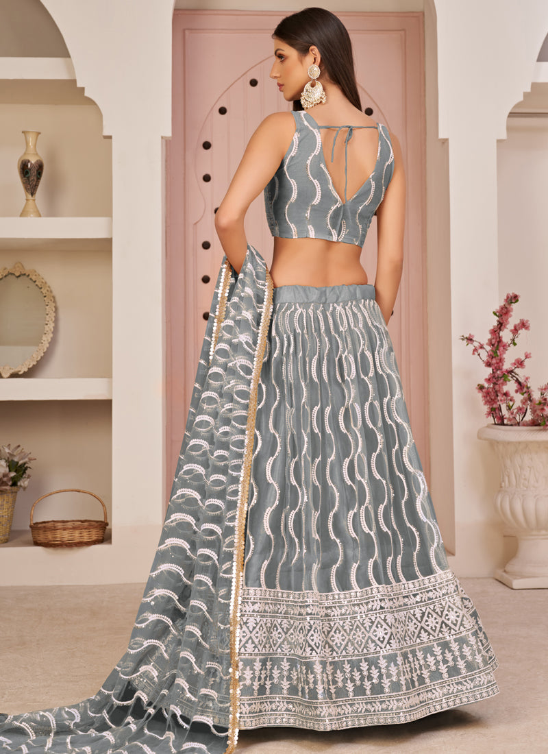 Grey Butterfly Net Embroidery Thread Designer Lehenga