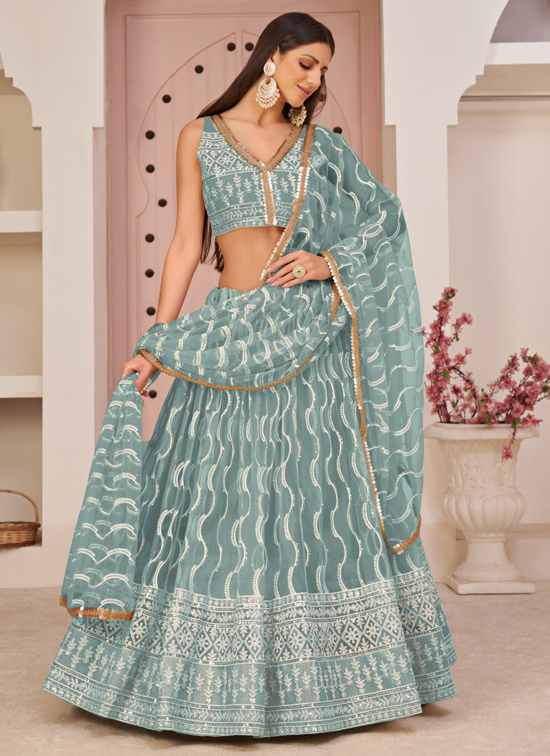 Ocean Blue Butterfly Net Embroidery Thread Designer Lehenga