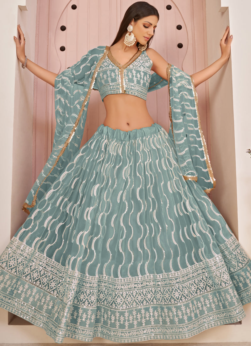 Ocean Blue Butterfly Net Embroidery Thread Designer Lehenga