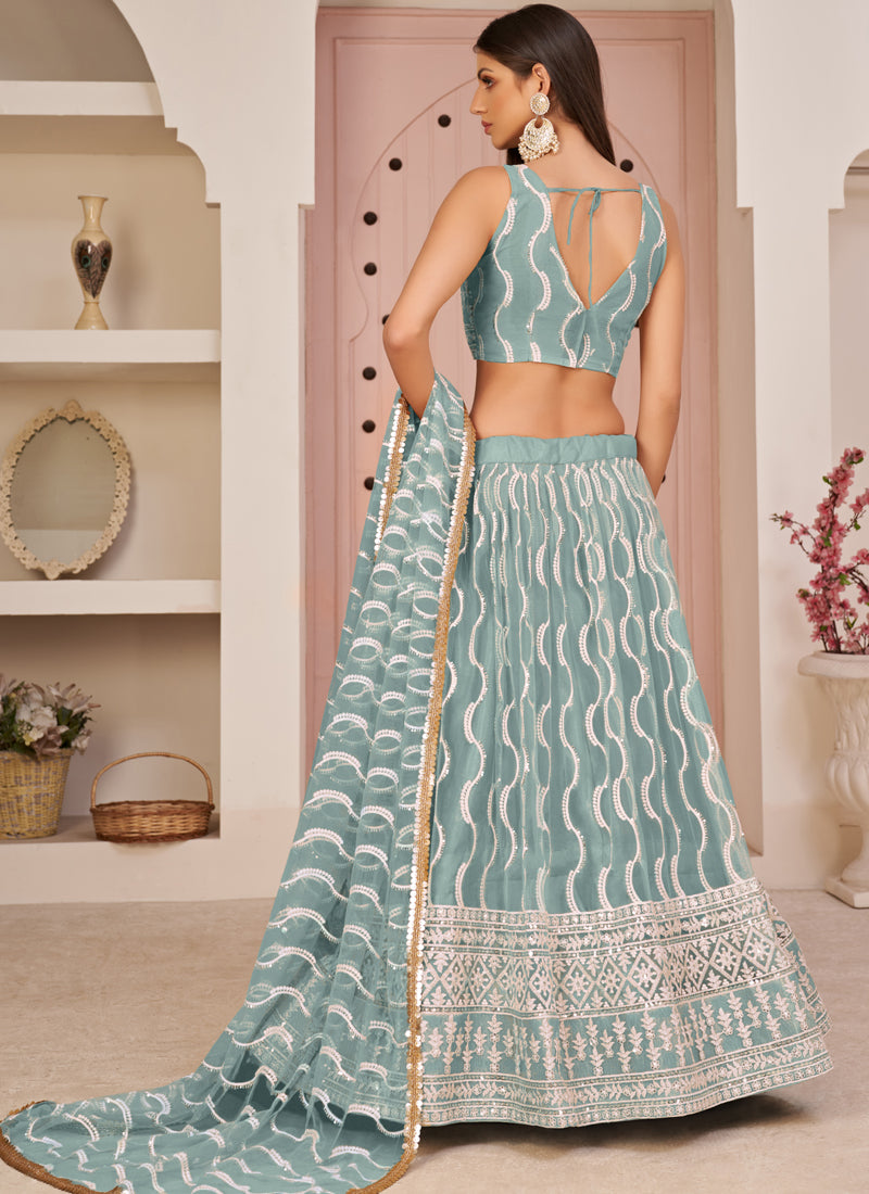 Ocean Blue Butterfly Net Embroidery Thread Designer Lehenga