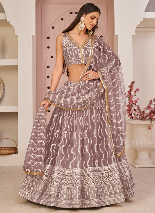 Onion Pink Butterfly Net Embroidery Thread Designer Lehenga