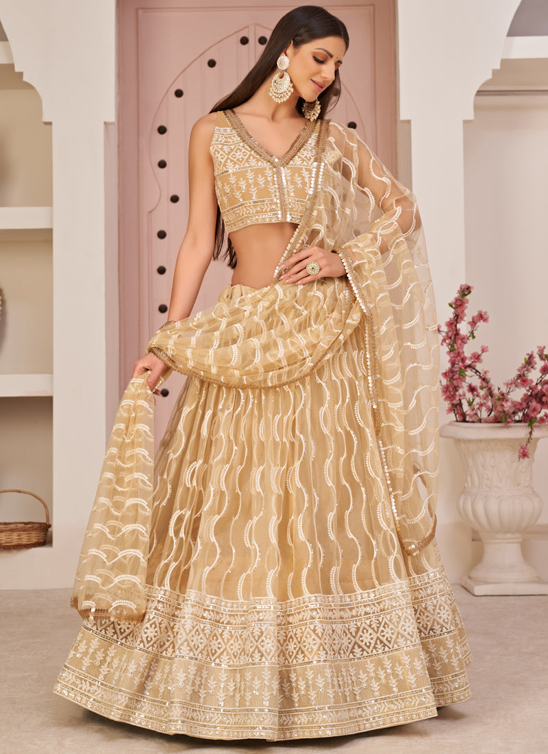 Beige Butterfly Net Embroidery Thread Designer Lehenga