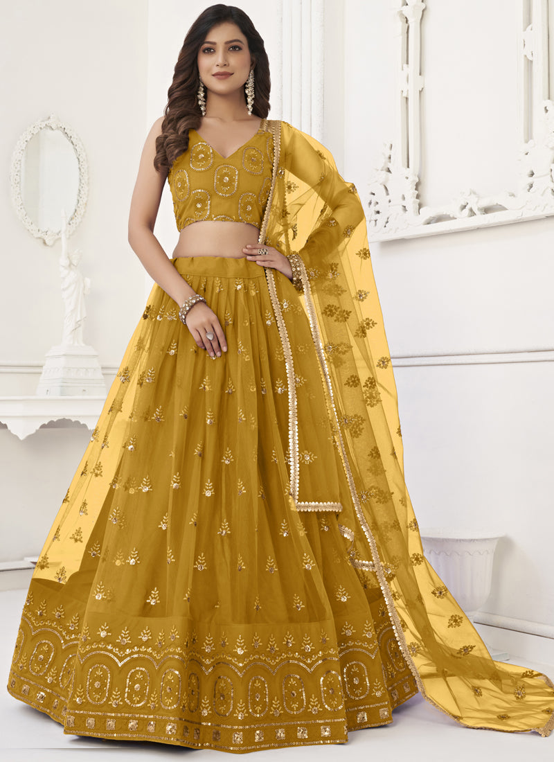Yellow Butterfly Net Embroidery Thread Designer Lehenga