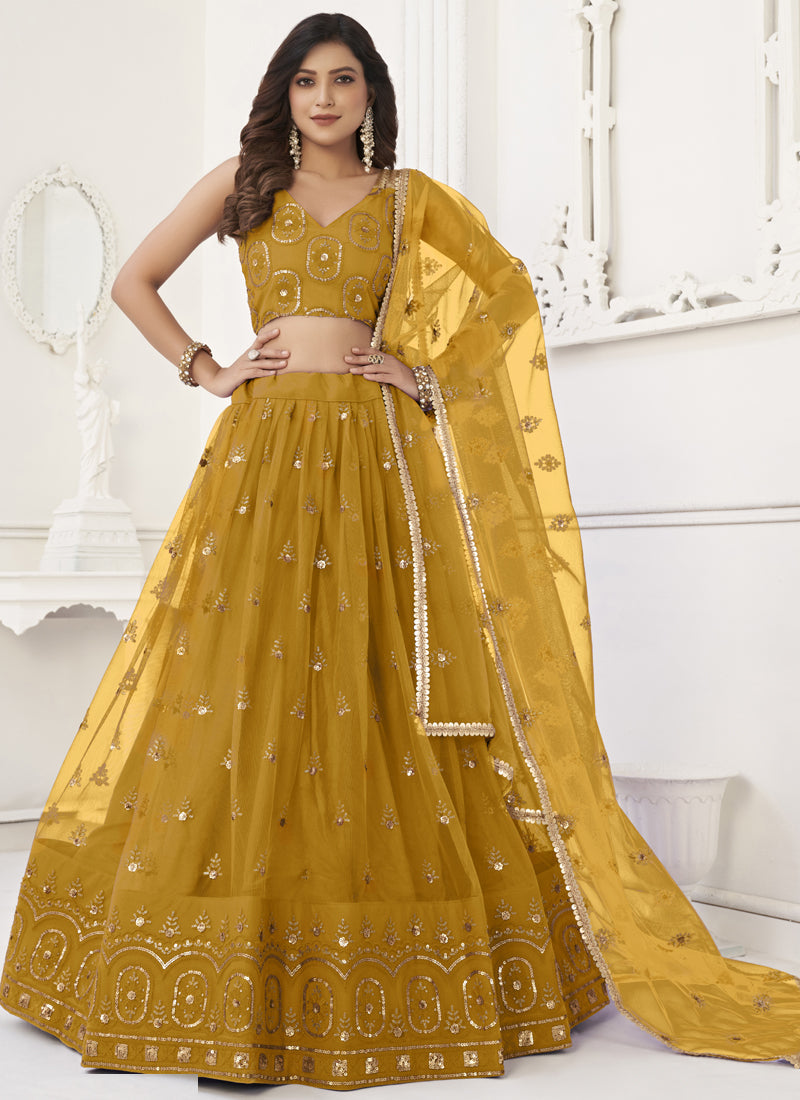 Yellow Butterfly Net Embroidery Thread Designer Lehenga