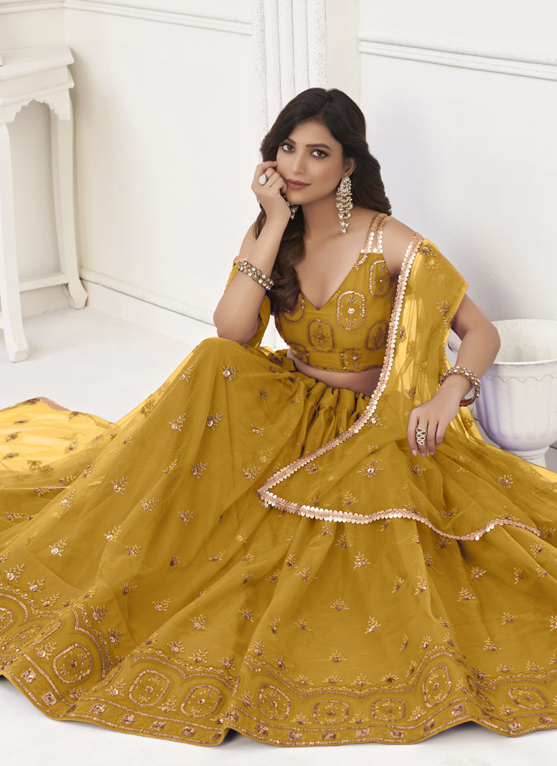Yellow Butterfly Net Embroidery Thread Designer Lehenga