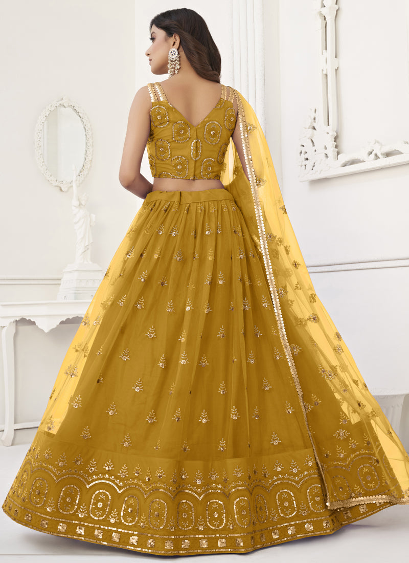 Yellow Butterfly Net Embroidery Thread Designer Lehenga
